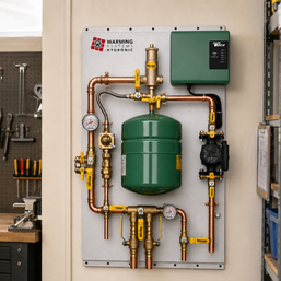A Warming Hydrologic water heater system mounted on a wall in a workshop. The system includes a green cylindrical tank, a green control box, copper piping, brass valves, gauges, and a black pump.