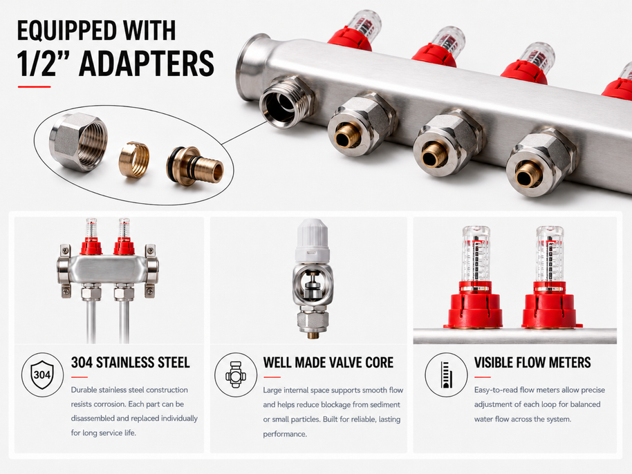 A promotional product graphic for a stainless steel water heater or boiler adapter system. The top section shows a close-up of a silver metal pipe with several red-and-brass adapters and text reading 'EQUIPPED WITH 1/2