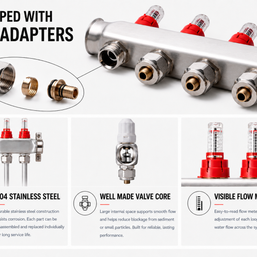 A promotional product graphic for a stainless steel water heater or boiler adapter system. The top section shows a close-up of a silver metal pipe with several red-and-brass adapters and text reading 'EQUIPPED WITH 1/2