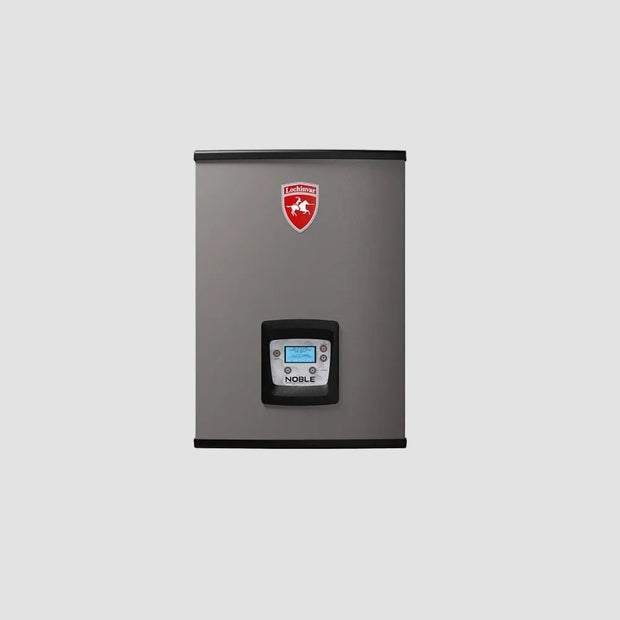A compact gray portable refrigerator with a black top and bottom trim, featuring a digital control screen and a red shield logo on the front, isolated on a white background.