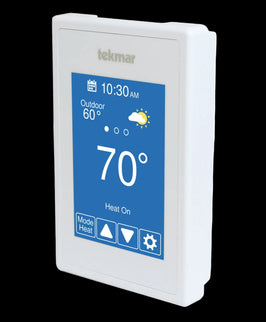 Digital thermostat with weather display on a white background