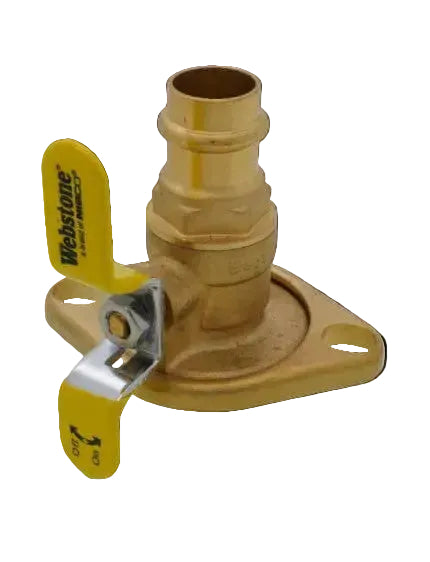 Wooden valve with yellow handle and Webstone branding on a white background
