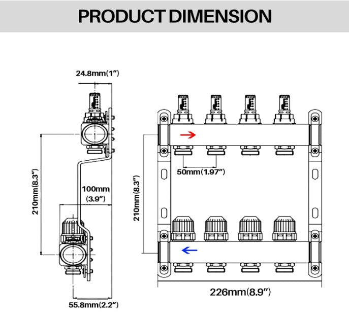 Product dimension diagram showing technical measurements and layout of a multi-port valve or connector assembly, with front and side views, dimensions in millimeters and inches, and arrows indicating direction.