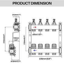Product dimension diagram showing technical measurements and layout of a multi-port valve or connector assembly, with front and side views, dimensions in millimeters and inches, and arrows indicating direction.